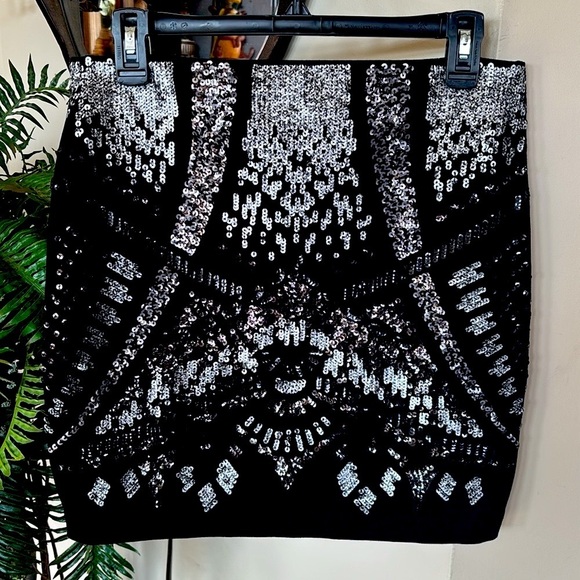 NWOT Express Black Mini Skirt Metallic Gray & Silver Tone Sequins Cotton Stretch - Picture 8 of 12